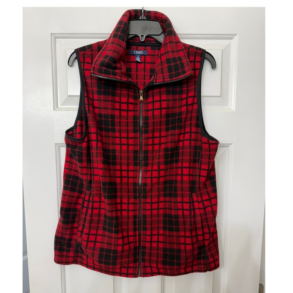 Chaps Womens Red Black Plaid Fleece Full Zip Vest Sleeveless Jacket Large
